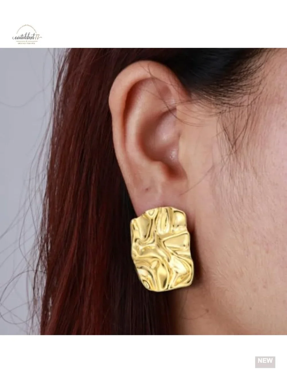Geometric Rectangle Gold Plated Stud Earrings Irregular Hammered Chunky